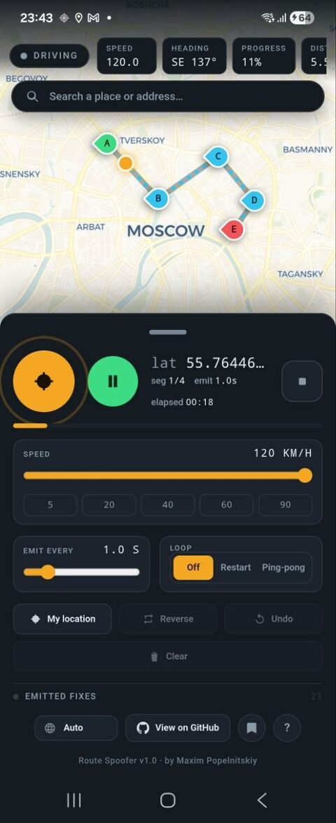 Route Spoofer main screen with a multi-point route on the map