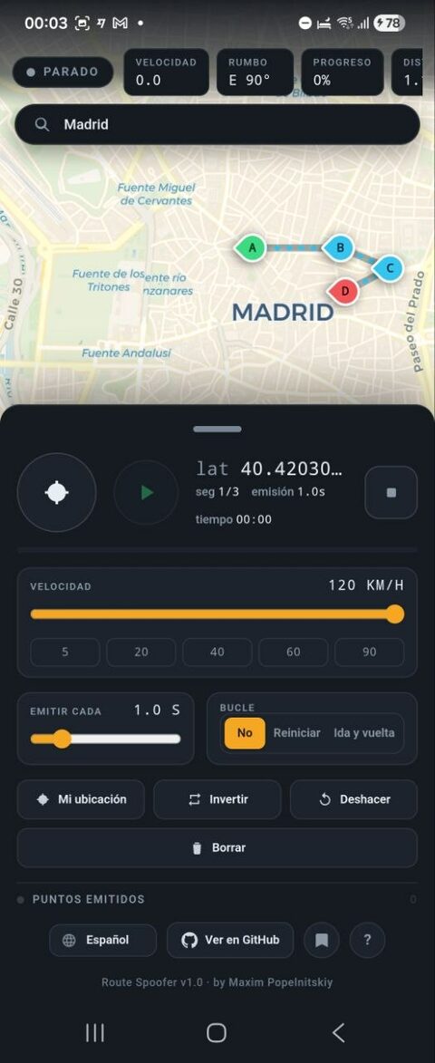 Route Spoofer interface in Spanish