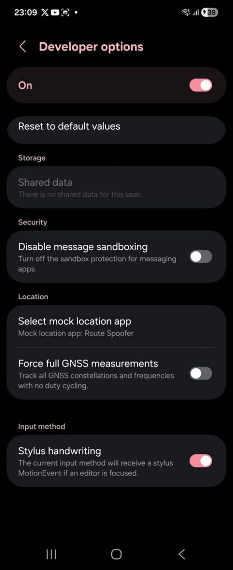 Android Developer options with Route Spoofer set as the mock location app